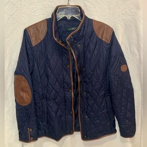 Ralph Lauren Navy Quilted Jacket with Brown Trim u6